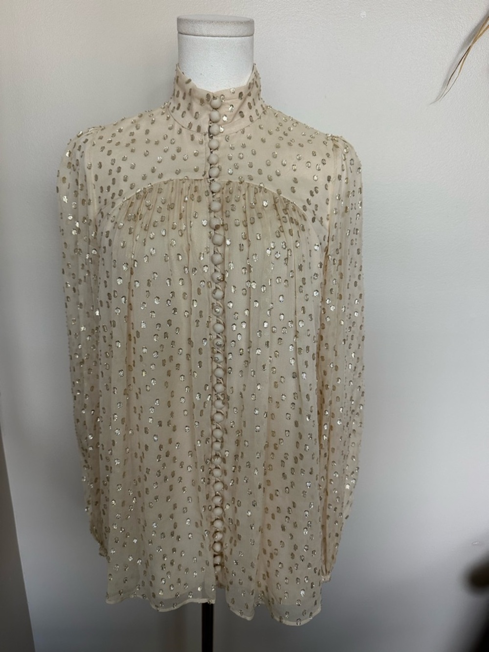 Zimmermann Metallic Gold Polka Dot Silk Blouse High Neck 0 Boho Whimsygoth
